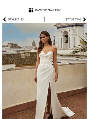 T109-Moonlight Bridal Strapless Sweetheart White Gown wFront Slit  Size 12.